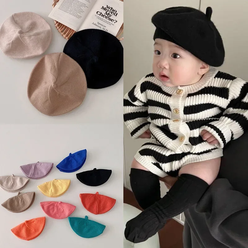 Gorro de punto para bebé recién nacido, estilo pintor, moda francesa, otoño e invierno, gorro acanalado grueso para bebé, conjunto unisex para cuna