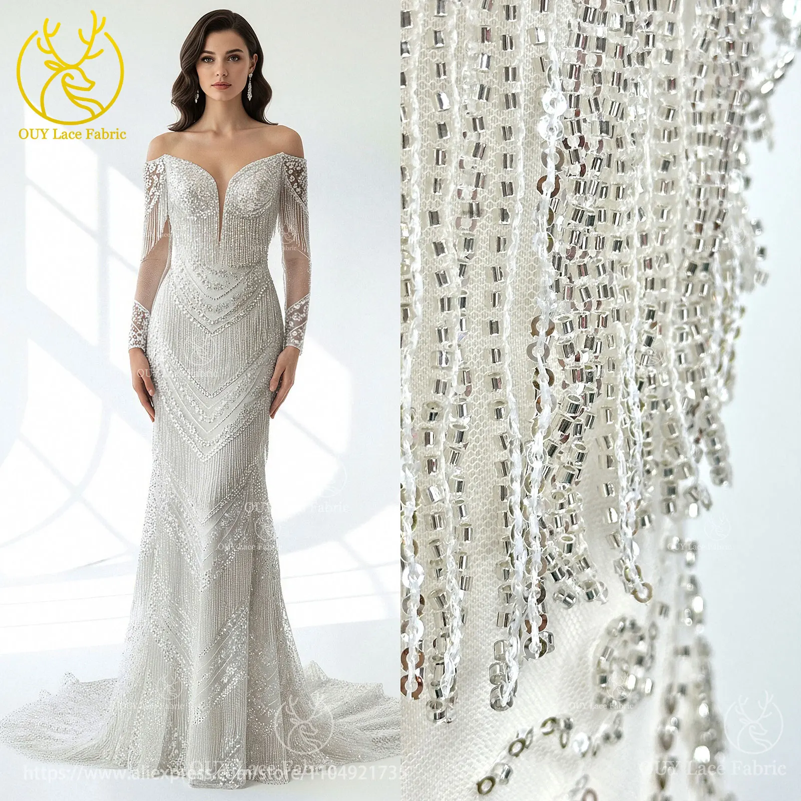 

Bridal Wedding Party Dresses French Silver 3D Sequins Beaded Pendant Lace Fabric 2025 High Quality African Tulle Lace Fabric