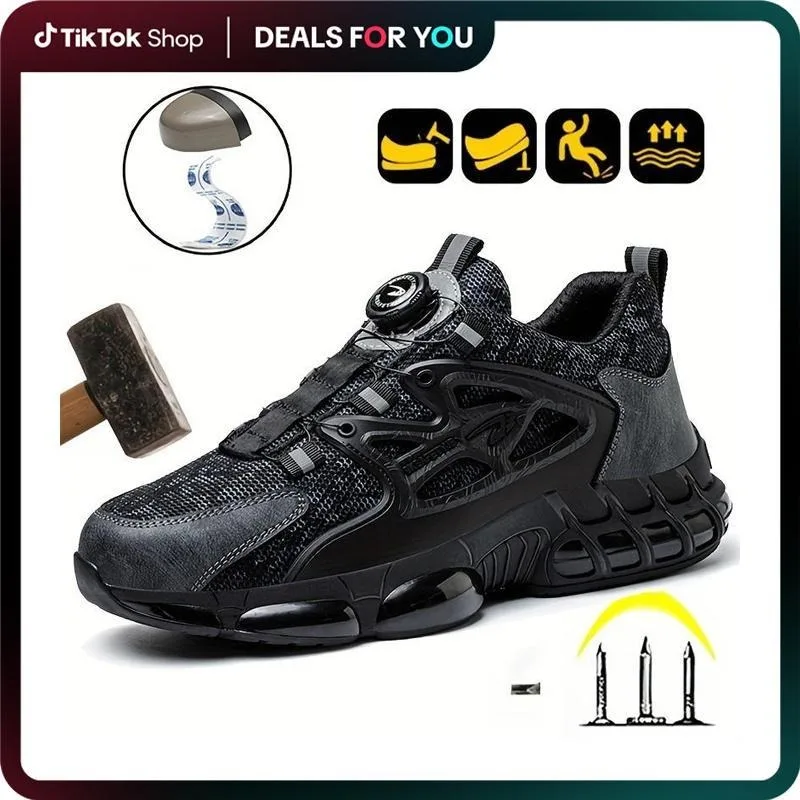 回転式バックル付きメンズ安全スニーカー-スチールトゥ、通気性メッシュアッパー、滑り止めラバーソールワークブーツ、o用安全靴