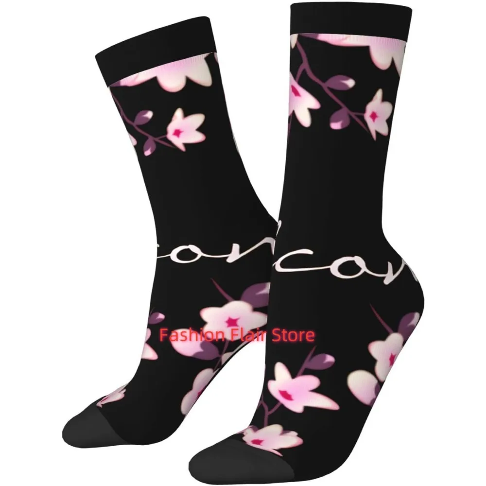 

Floral Cherry Blossoms Pink Black Welcome Novelty Crew Socks Print Unisex Gifts Men Women