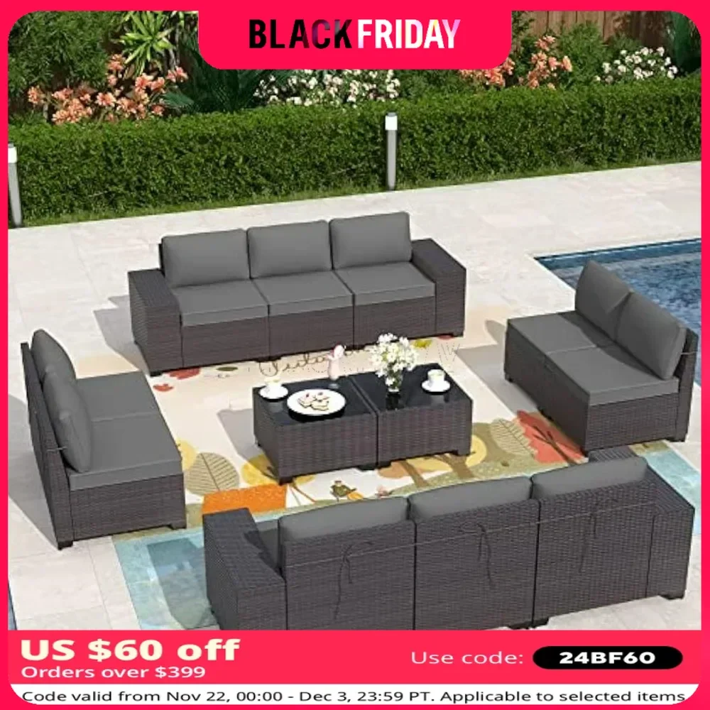 12 Pieces Outdoor Patio Furniture Set Sectional Sofa Sets Patio Conversation Set w/10 Grey Seat Cushions and 2 Coffee Tables