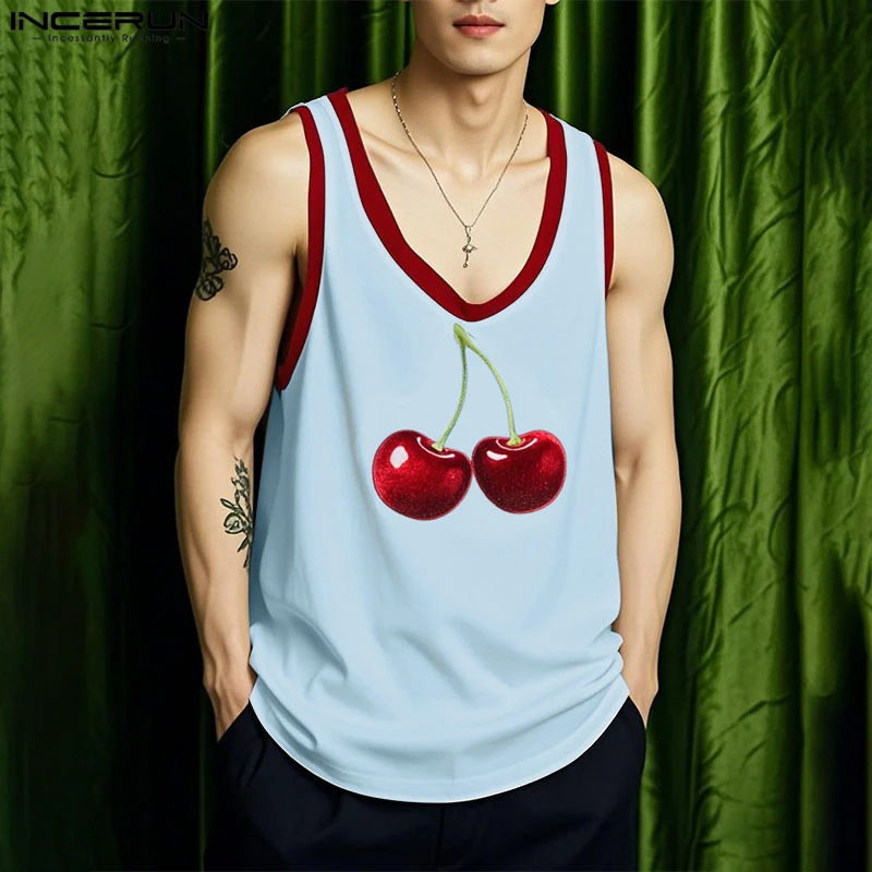 INCERUN Men Tank Tops Printing Patchwork V Neck Sleeveless Summer Male Vests Streetwear 2025 Loose Fashion Casual Men Clothing
