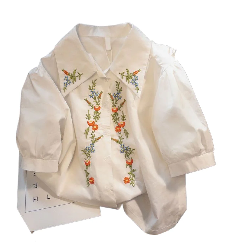 

Korean 2024 Summer New Women's Polo-Neck Button Solid Color Embroidery Loose Sweet Elegant Puff Sleeve Shirt Tops