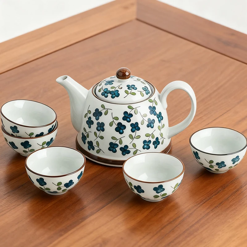 

Hand-painted Flower Ceramic Tea Set, 1 Teapot with Stainless Steel Strainer and 5 Tea Cups, Dishwasher Safe Tea Kettle Gift Box