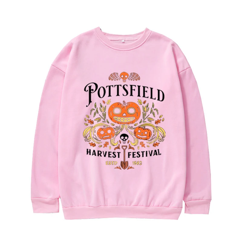 Pottsfield Harvest Festival Sweatshirt, Retro Cartoon Garden Wall,Spooky Season,Halloween Treat,Funny Town,Pumpkin Crew Neck Top