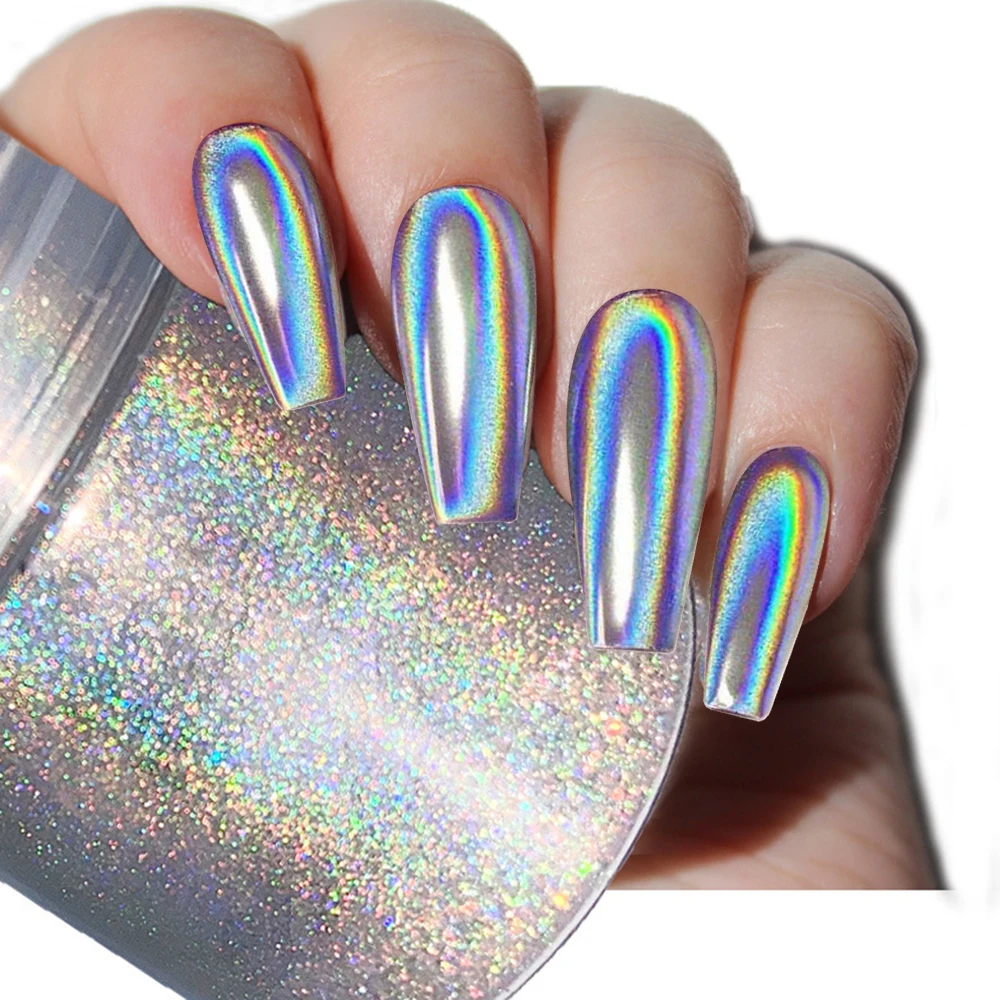 1 Jar Unicorn Holographic Laser Nail Powder Silver Glitter Metallic Rub Dust Mirror Pigment Extra Fine Shiny Chrome For Manicure