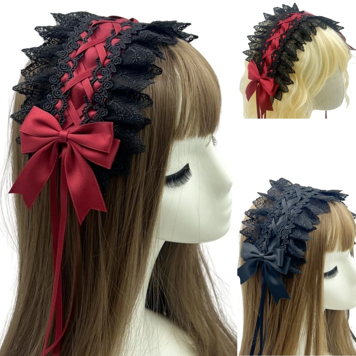 

Gothic lolita Sweet Headband Contrast Color Ruffled Lace Ribbon Bow Hairband With Hairpins Anime Maid Headdress Anime Cosplay