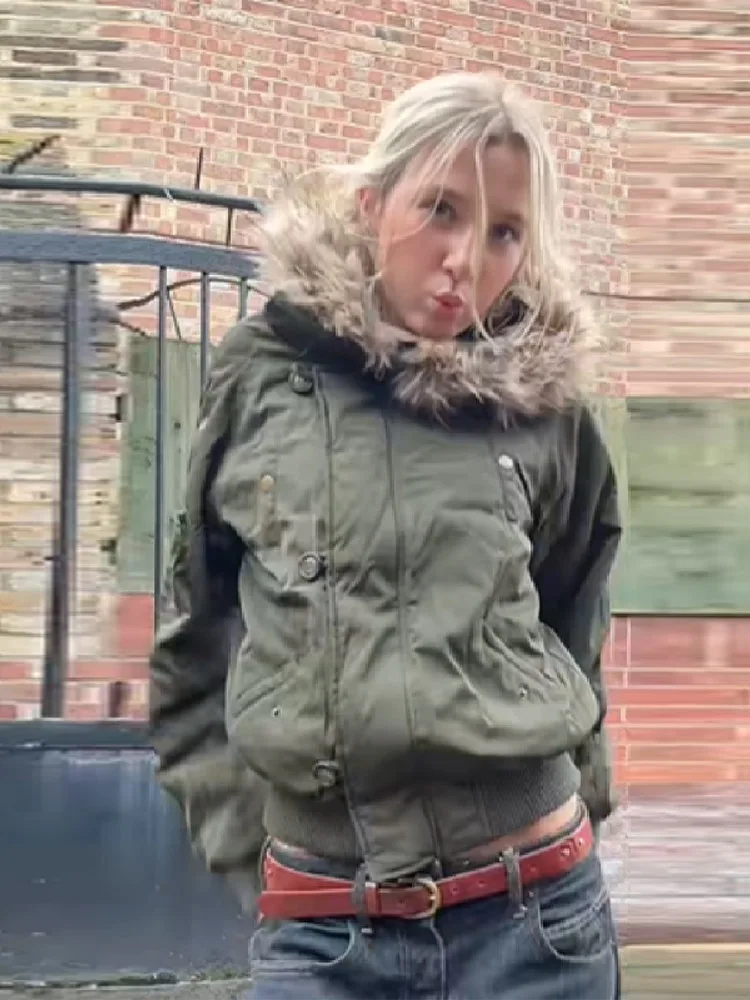 

Новинка 2024 года, зимние парки с воротником из искусственного меха, пальто, женские винтажные утепленные флисовые теплые куртки, уличная одежда, стеганые куртки в стиле хип-хоп, верхняя одежда