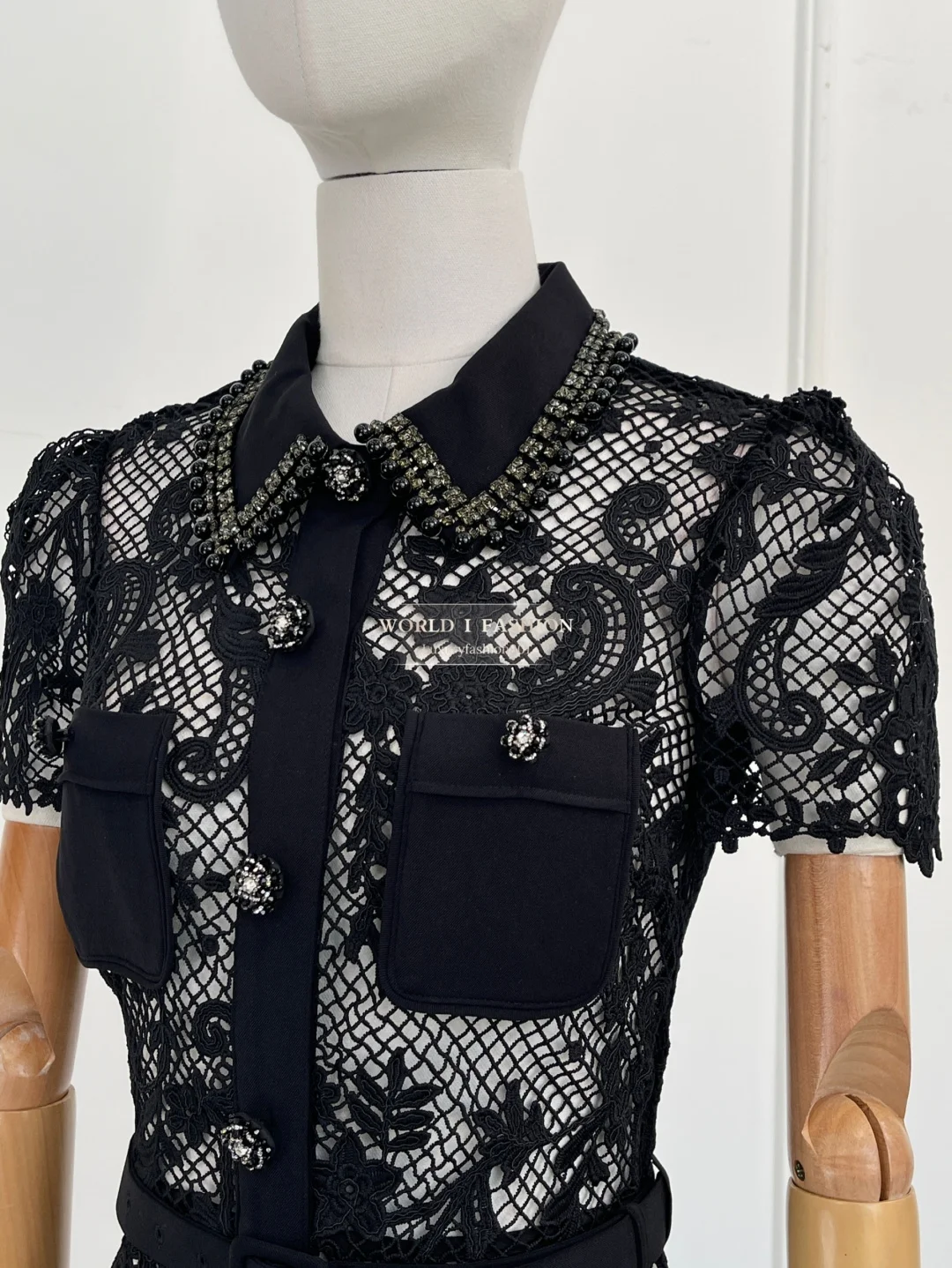 

Black Lace Patchwork Short Sleeve See Through Mini Dress 2025 High Quality
