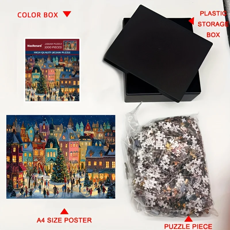 1000 قطعة عيد الميلاد بازل قطع 15x10 بوصة مشهد الشتاء الثلجي شارع عيد الميلاد تحدي لغز للكبار هدية الكريسماس المثالية
