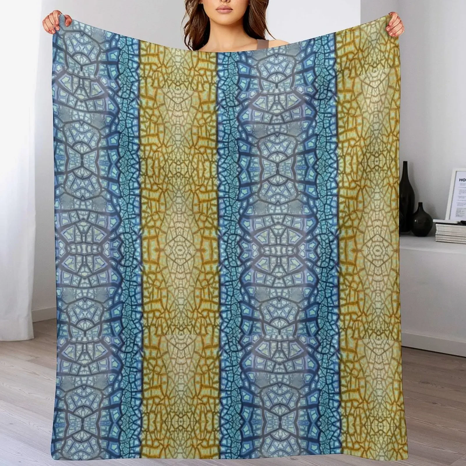 Peeling Paint Tribal Mandala-style Mosaic Pattern - Yellow Blue Jade- Vicki Hadfield Throw Blanket