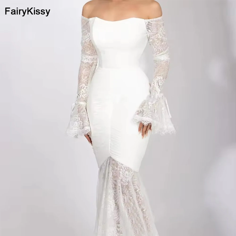 

FairyKissy Saudi Arabia Lace Off the Shoulder Evening Dresses Pleated Satin Bodycon Mermaid Long Sleeves Wedding Party Gowns