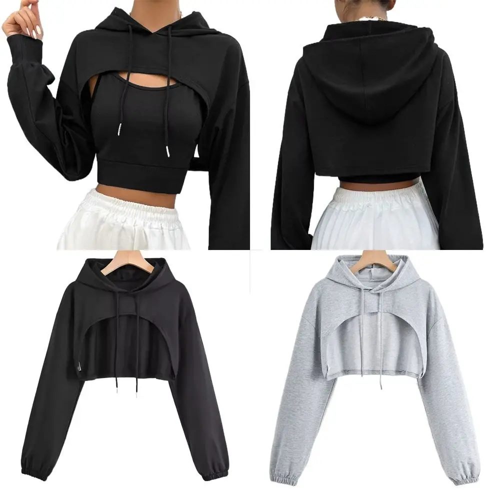 

Y2K Casual Women Drawstring Hoodie Irregular Crop Ultra Short Style Long Sleeve Cropped Hoodies Solid Color Yoga T-shirts