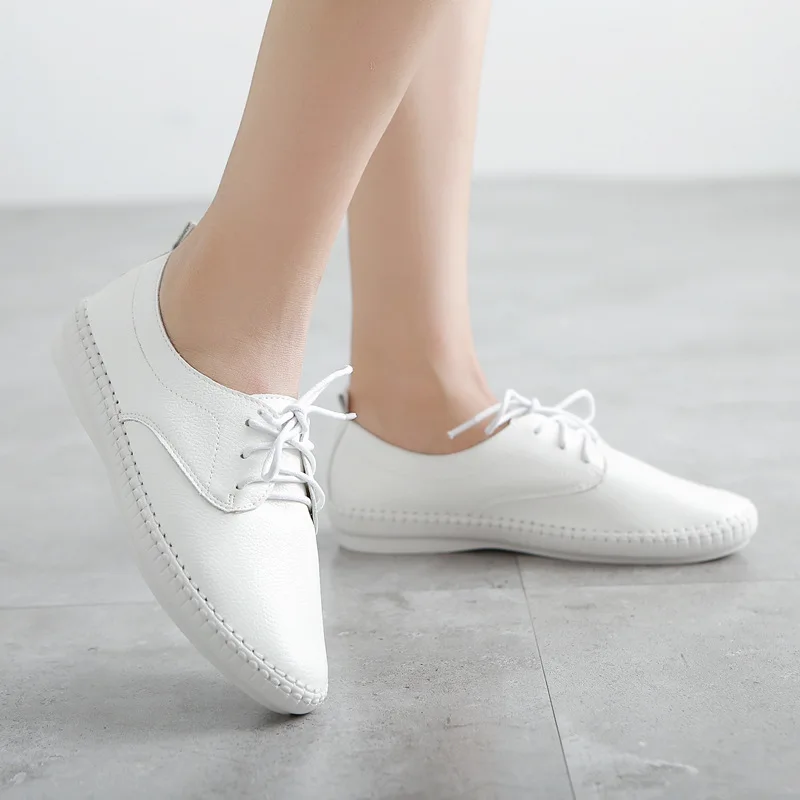 2021 Spring Women Ballet Flats Oxford Flat Shoes Soft Leather Shoes Ladies Lace Up White Black Loafers Flats Boat Shoes rty67