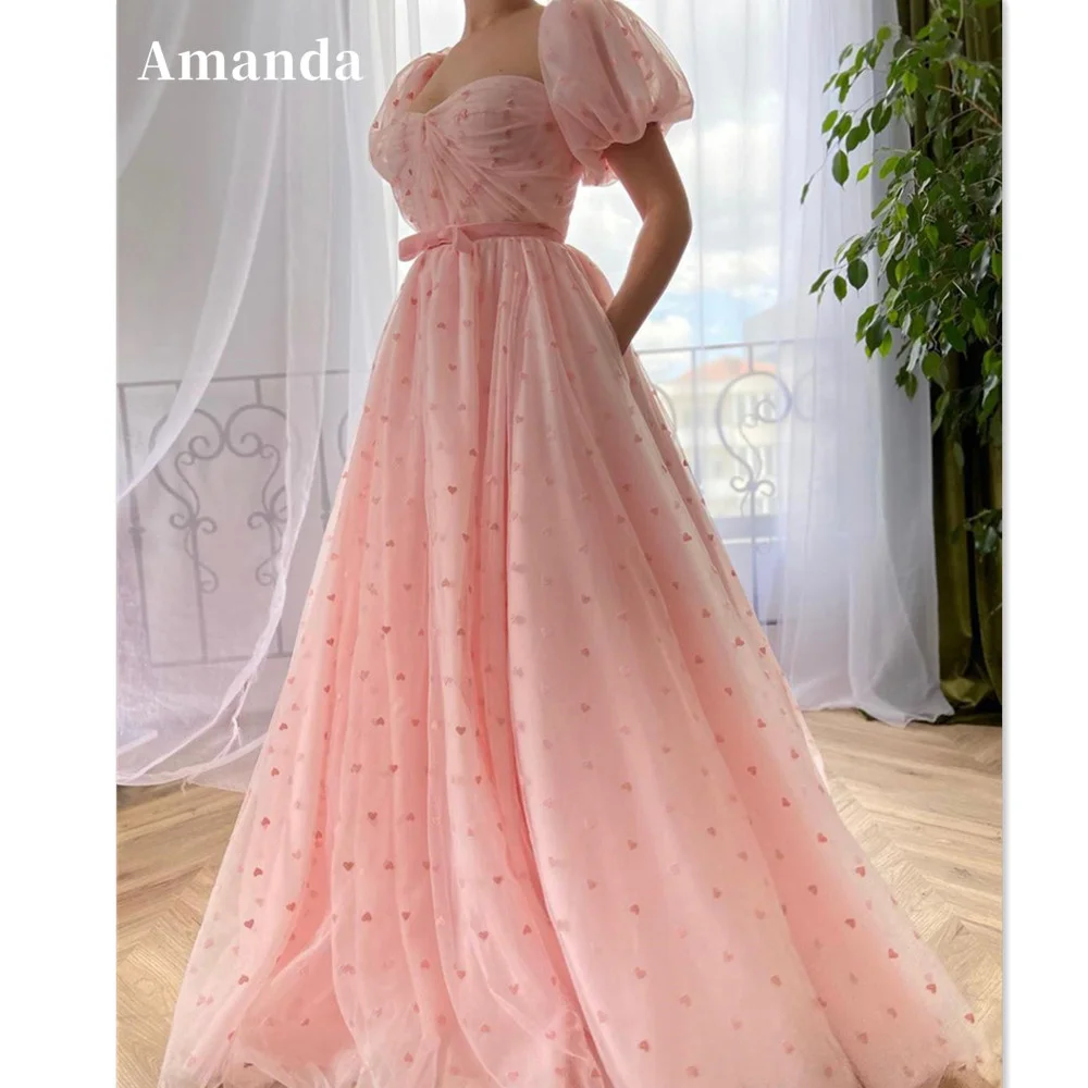 Amanda Princess A-line Evening Dresses Puffy Sleeve Prom Dress 2023 Baby Pink Party Dresses Sweet Heart Shape Robe De Soirée