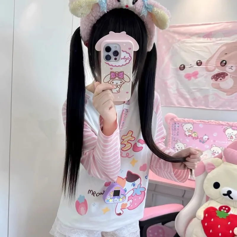 Japanische Patchwork Rosa Streifen Casual T-shirt Herbst Cartoon Druck Harajuku Tops Grunge Kawaii Nette Y2k Ästhetischen T-shirts