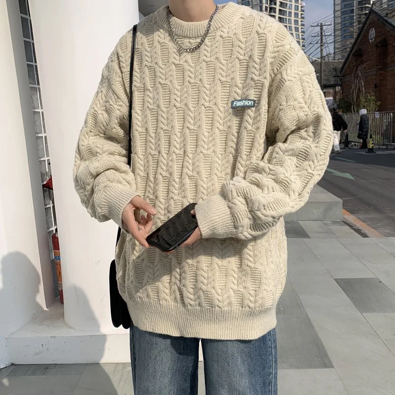 

Sweater men's autumn and winter thick lazy style labeled round neck knitted sweater loose and versatile jacket soft and sticky t