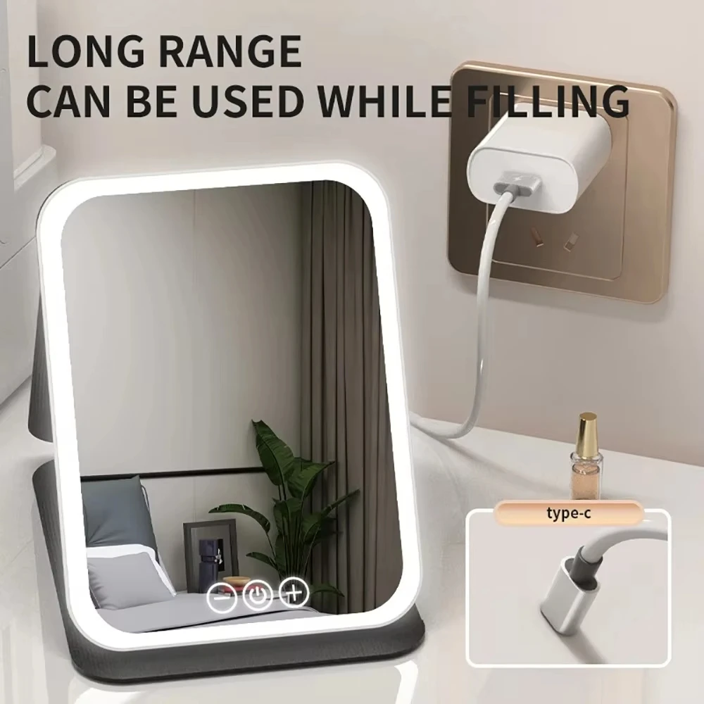 LED-dimmbarer Make-up-Spiegel, tragbar, faltbar, mit 3-Farben-Licht, stufenloses USB-Aufladen für Schönheitsmode