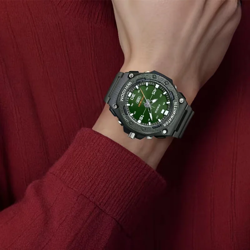 ساعة كاسيو للرجال، ساعة رياضية خارجية عصرية مقاومة للماء، ساعة كوارتز للرجال بمؤشر قرص أخضر مضيء
