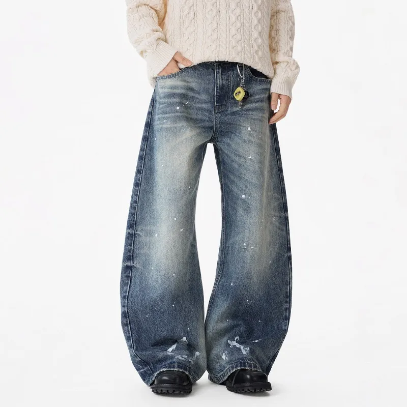 New Autumn Men's Curved Knife Jeans Washing Splash-ink Contrast Color Korean Style Wide Leg Casual Male Denim Pants