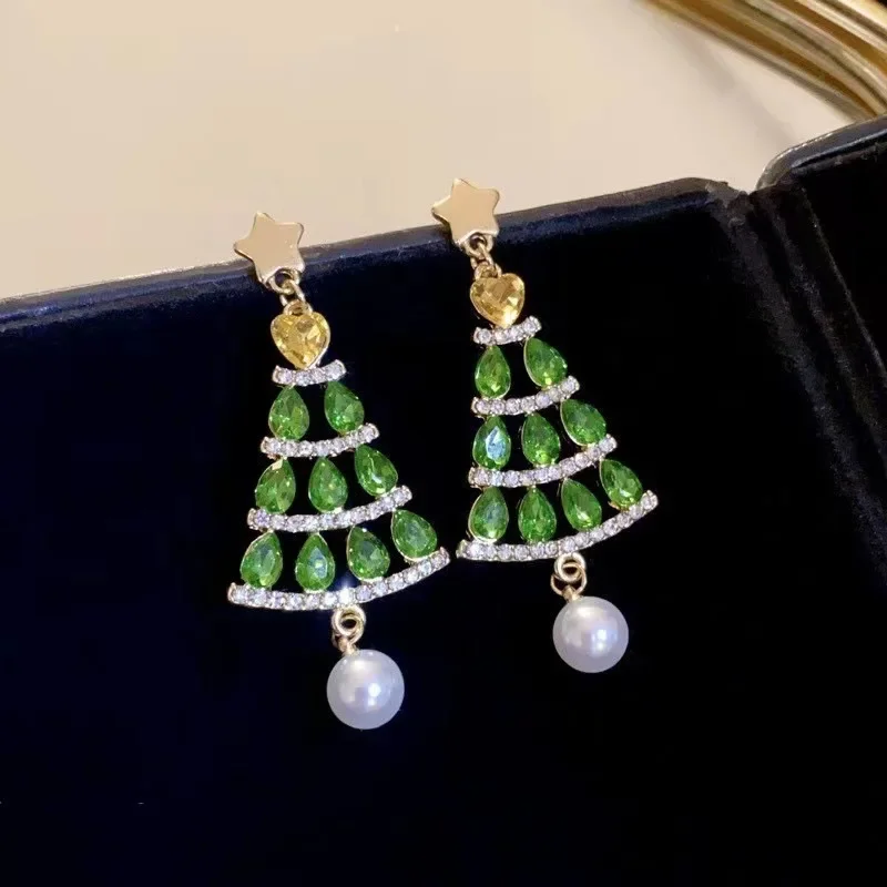 Christmas Accessories Light Luxury Full Of Diamond Green Christmas Tree Earrings Fashion Style Fringe Long Drop Earrings