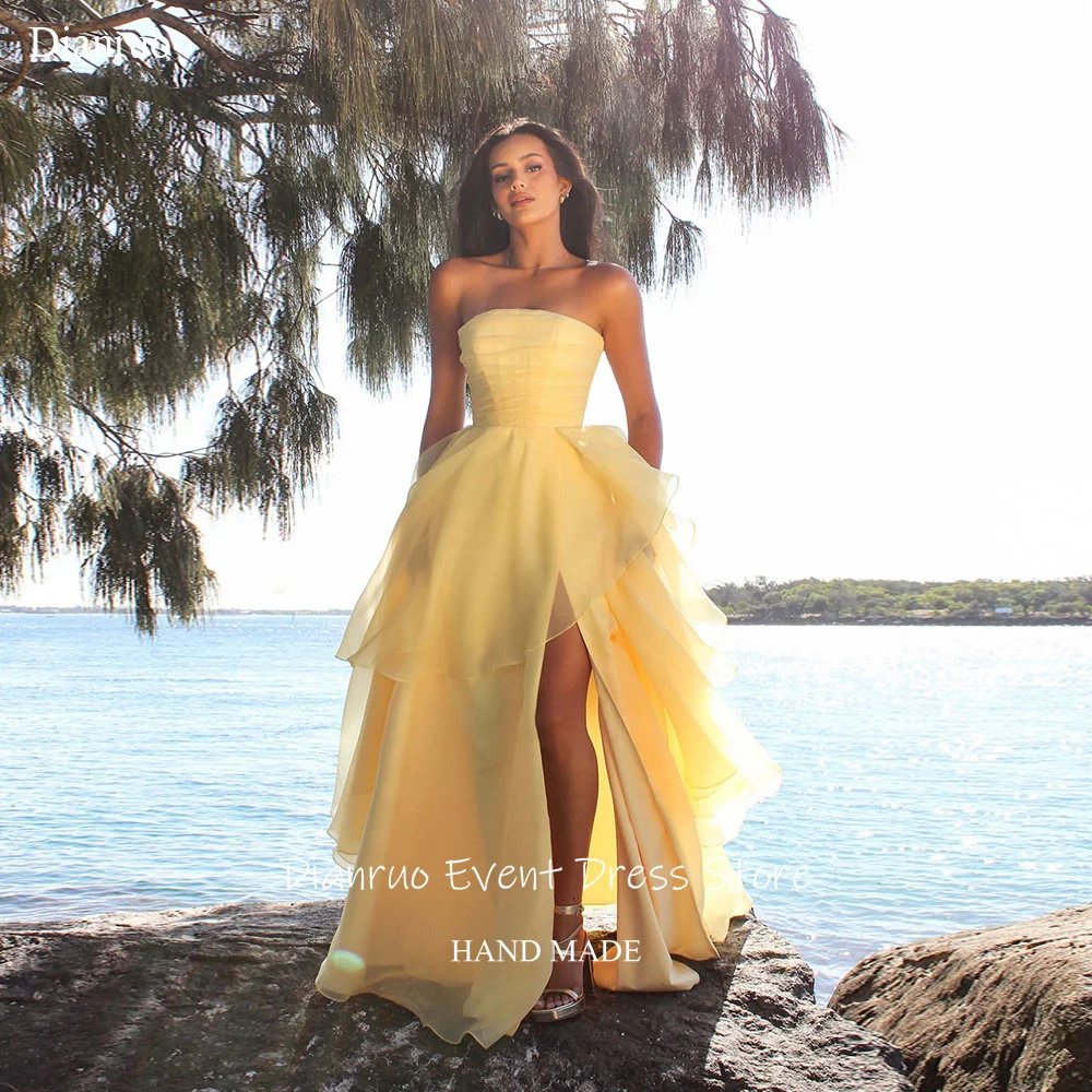 

Dianruo Chic Yellow Tulle Evening Dresses Formal Strapless A Line Party Gowns High Slit Ruched Vestidos De Graduación Customized