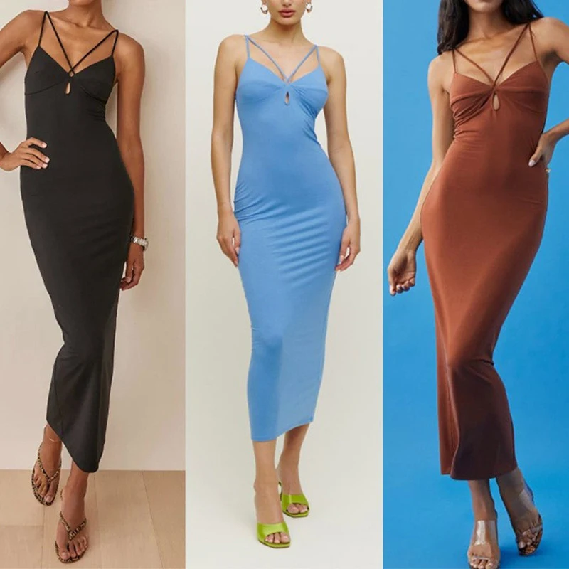 Summer Solid Color Spice Girl Slim-fit Lace-up Halter Tight Bag Hip Halter Dress Sexy Fried Street Halter Dress Pure Design Sens