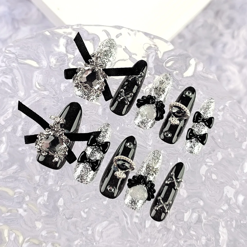 Y2K Heart Bow Press on Nails – 10 punte per unghie in gel lucido fatte a mano, set di unghie indossabili stile Millennium Baddie