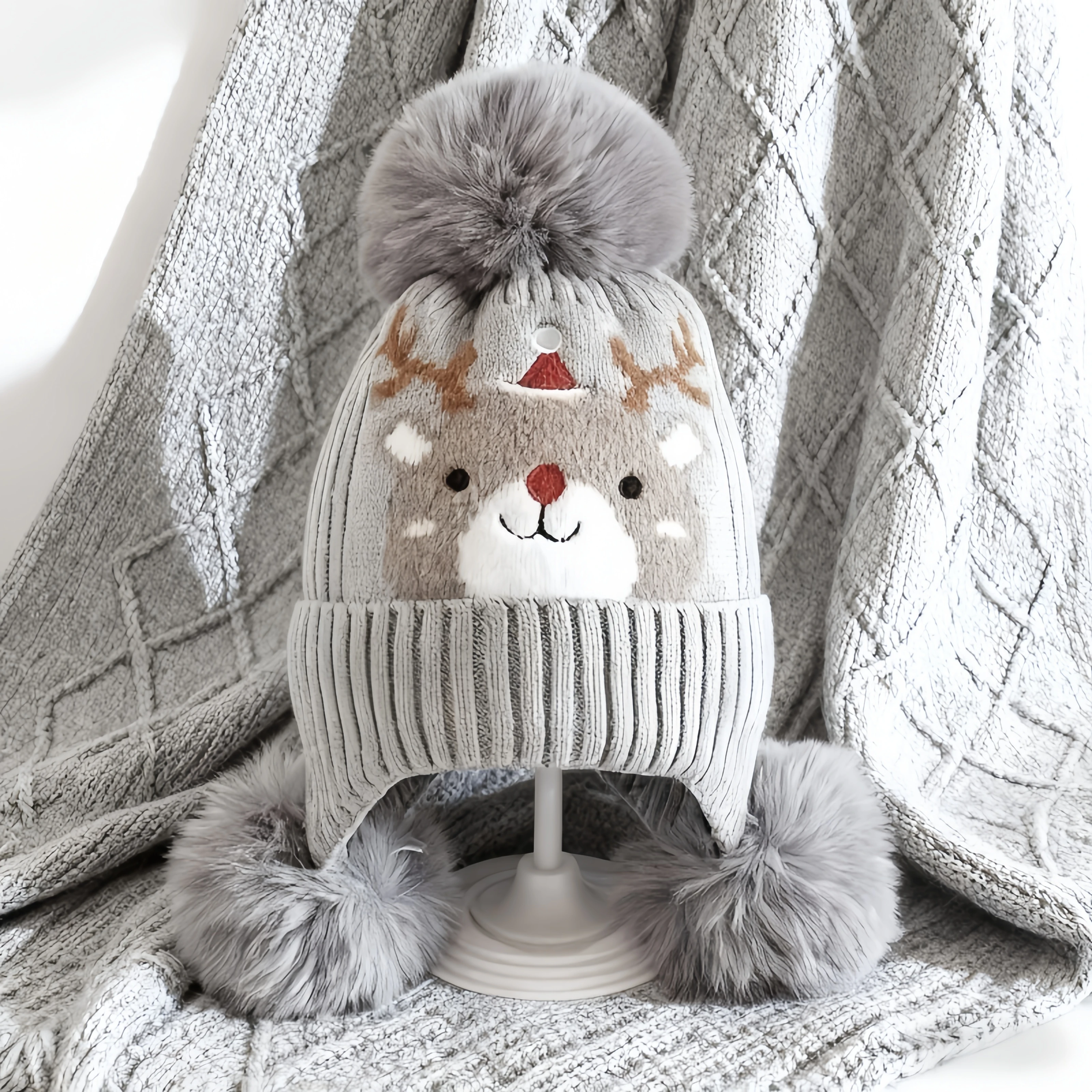 

Youngsters' Christmas Elk Beanie Hat - Soft Stretchy Warm Winter Hat for Boys & Girls with Detachable Ear Flaps & Pom-Pom