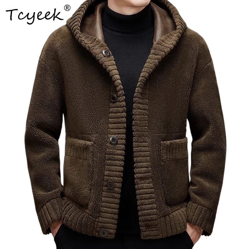 Tcyeek Shearling Coats Sheepskin Fur Integrated Jackets for Man Winter Double Sided Short Hooded Real Fur Jackets 2026 Chaqueta