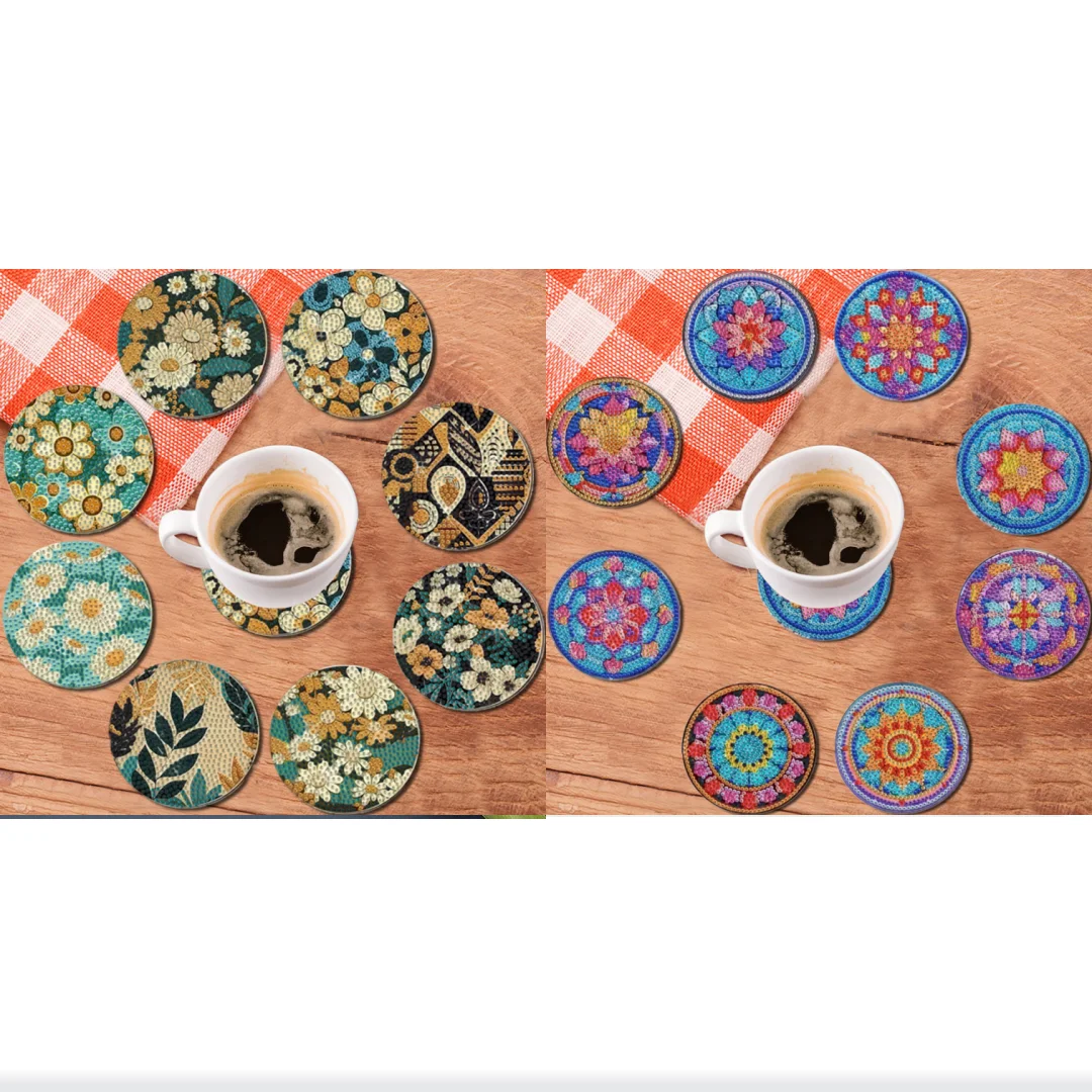 8 مجموعات من اللوحات الماسية التي تصنعها بنفسك بأنماط زهور ماندالا، وأكواب خشبية مضادة للانزلاق، وغرفة المعيشة، والمطبخ