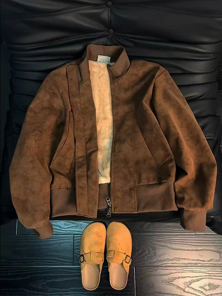 

Мужская зимняя куртка из искусственной кожи с флисовой подкладкой, эффектом тай-дай, из смесового хлопка, с воротником-стойкой, в американском стиле, утепленная, повседневная, теплая верхняя одежда