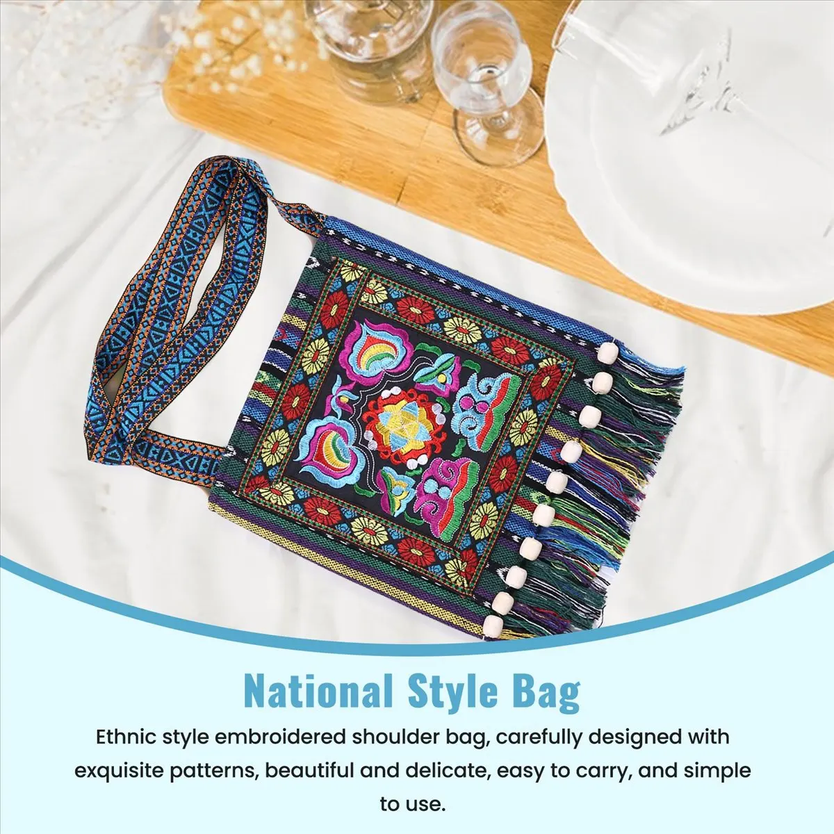 ABQR Hmong Vintage Chinese National Style Ethnic Shoulder Bag Embroidery Boho Hippie Tassel Tote Messenger