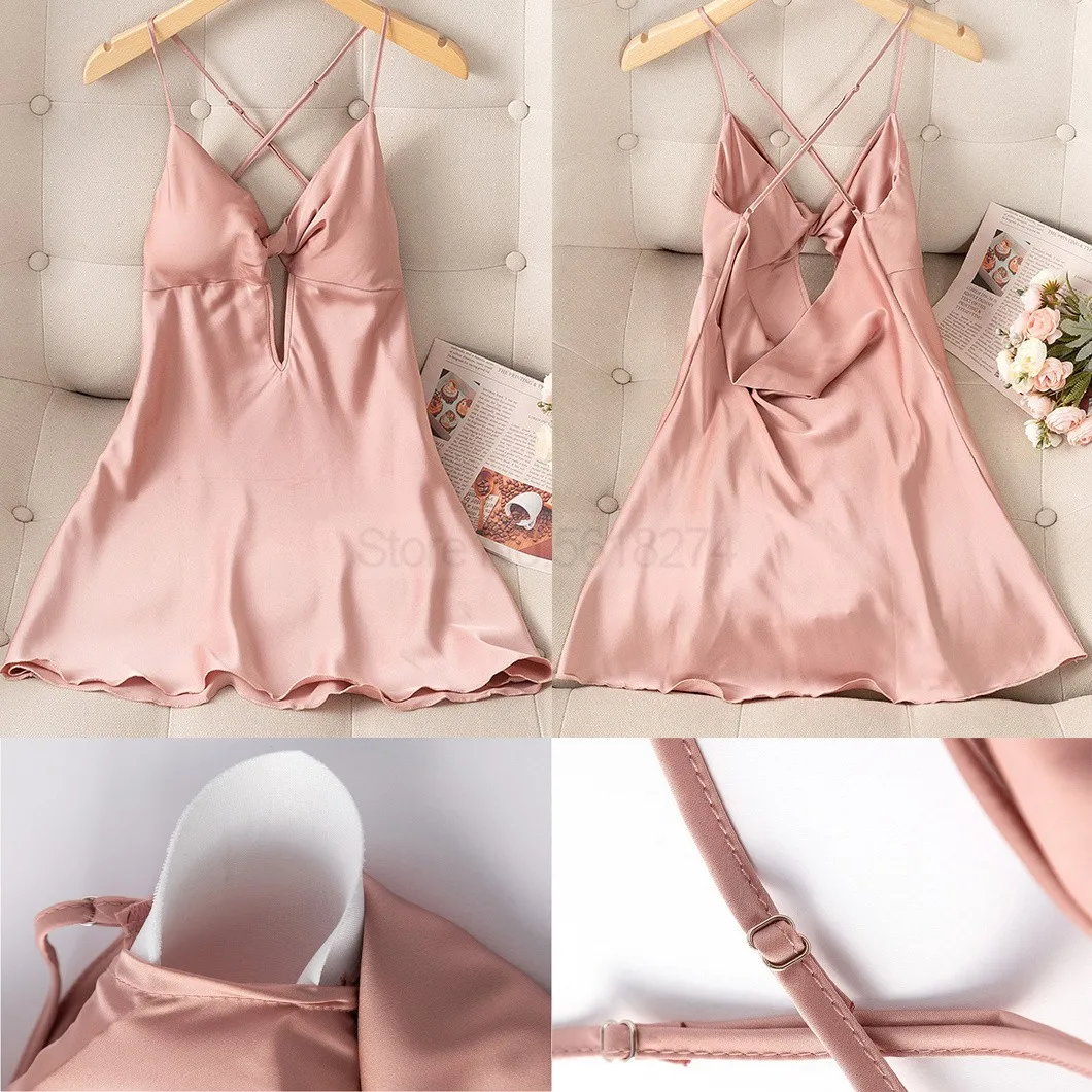 Spaghetti Strap Nightdress Sleepwear Sexy Chemise Nightgown Female Kimono Dressing Gown Satin Sleepdress V-Neck Summer Nightwear