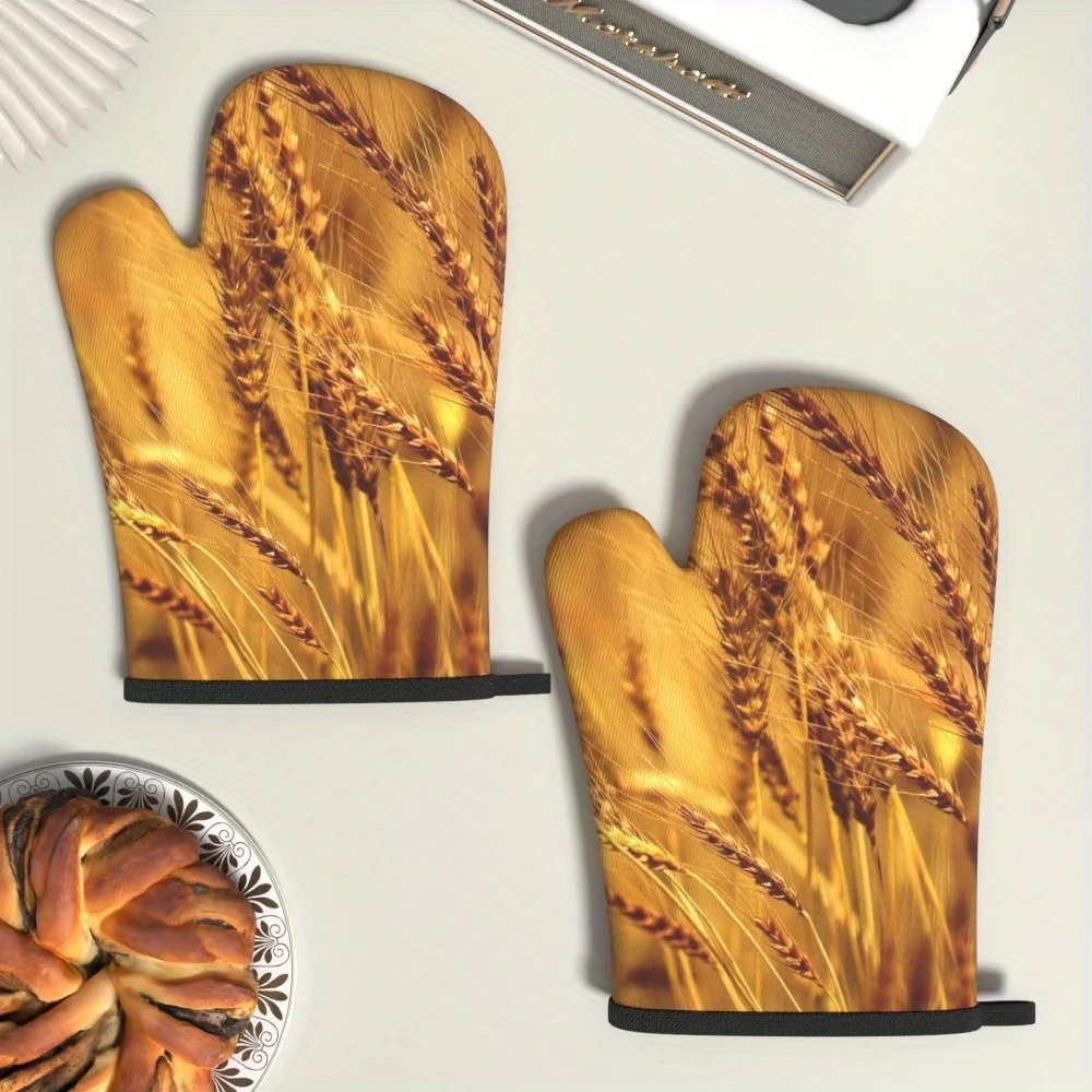 

2 шт., пшеничные золотые рукавицы для духовки, термостойкие кухонные перчатки для приготовления пищи, выпечки, барбекю, гриля, микроволновой печи, один размер
