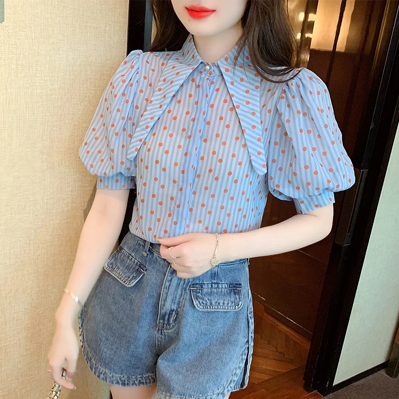 2024 Summer New Short Sleeve Shirt Top Slim Chiffon Retro Dots Blusas Blouse