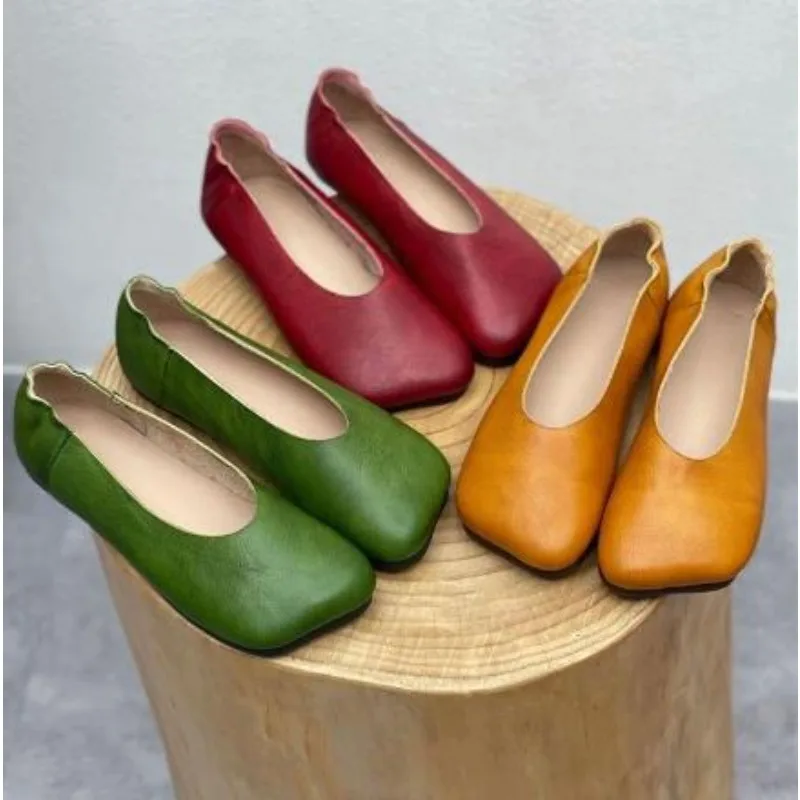 

New Style Fashion Leather Square Head Leisure Shallow Mouth Flat Sole Soft Sole Comfortable Women's Shoes Women's Single Shoes