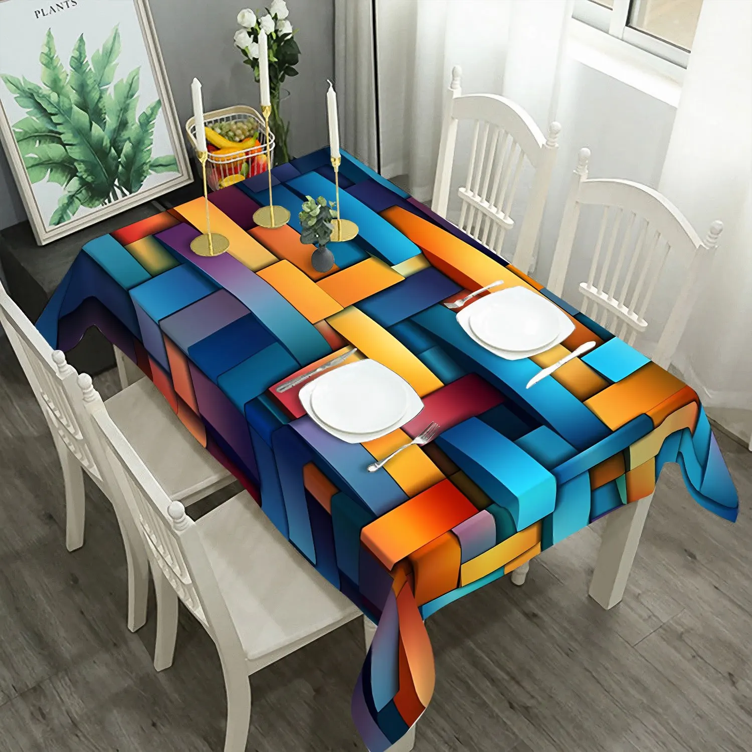 One three-dimensional geometric pattern polyester tablecloth, washable table cover.