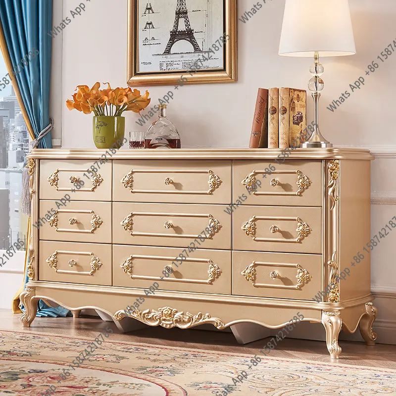 

European solid wood nine chest cabinet bedroom luxury locker French large capacity storage TV cabinet white