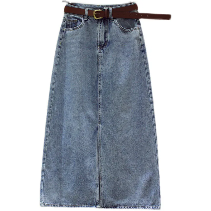 Denim rok met hoge taille en split voor dames - Sexy bodycon midi-jeansrok voor de zomer, slanke pasvorm, rekbaar comfort
