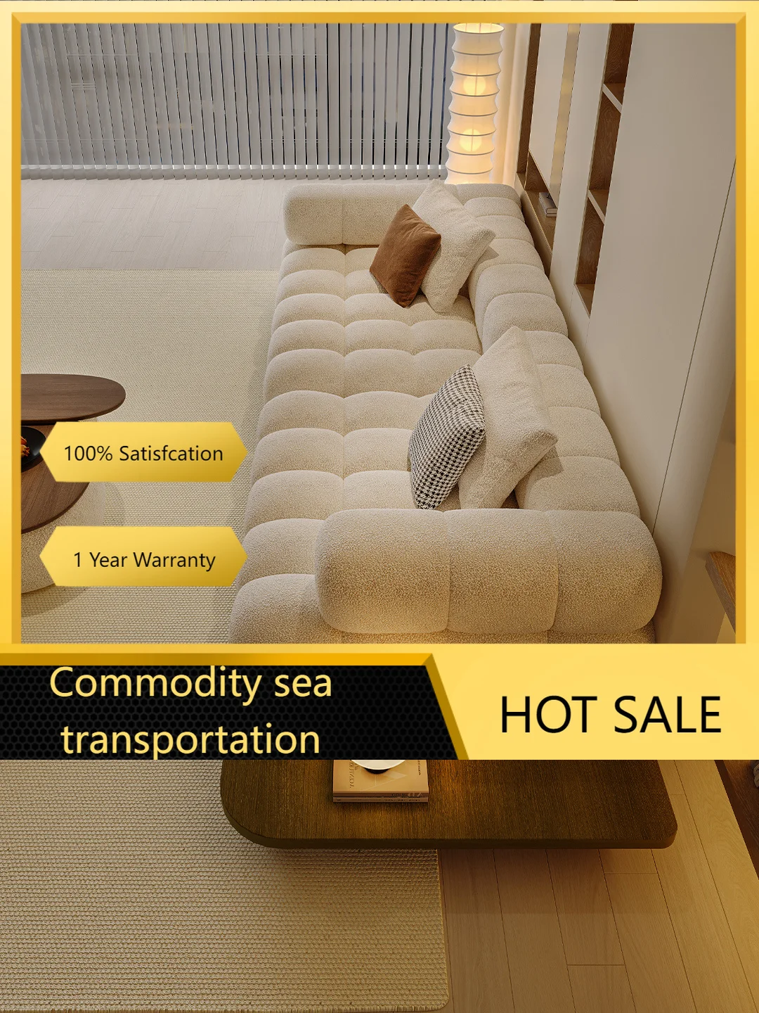 New Cream Boucle Biscuit Tufted Sofa Deep Seat Chunky Couch Wood Platform Base Bolster Arm Japandi Luxury Living Room Furniture