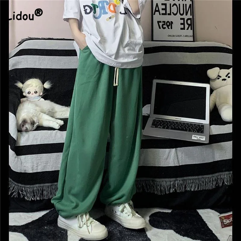 

Women's Casual High Street Solid Color Sweatpants Autumn Winter Loose Fashion Drawstring Thickening High Waist Wide Leg Trousers