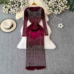 Bodycon Party Dress Women's Clothing 2024 Temperament Robe Femme Vestidos De Mujer Fashion Diamond Split Velvet Maxi Dresses