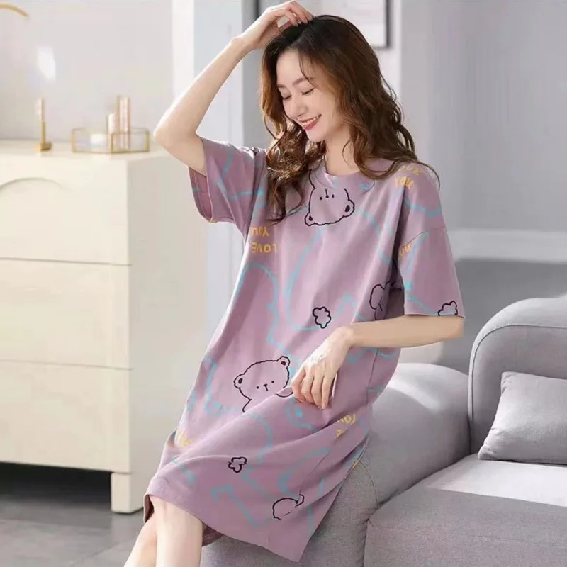 Women Summer One Piece Dress Short Sleeve O-neck Thin Long Skirt Printing Cartoon Loose Pajamas Leisure Nightdress Big Size