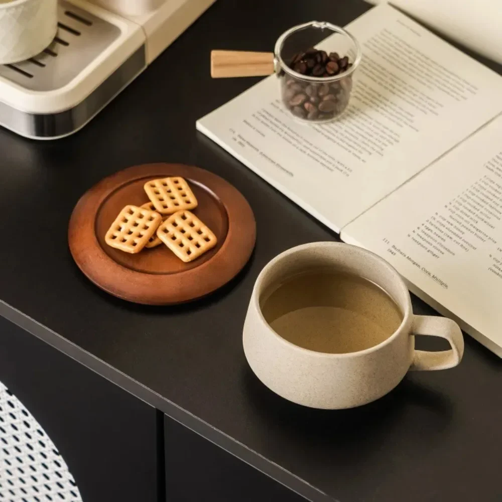 Coarse Pottery Ceramic Coffee Cup with Wooden Saucer 240ml Afternoon Tea Dessert Cup Art Breakfast Dessert Milk Cup Couple's Mug