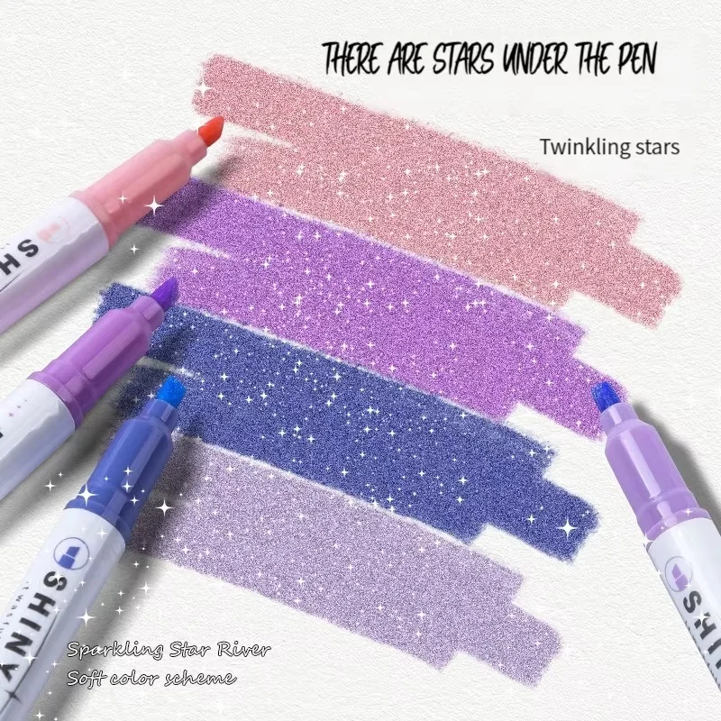 4 Colors Aesthetic Glitter Highlighters Pens Shiny Scrapbook Doodle Pen Notebook Highlight Markers Journal For School Stationery