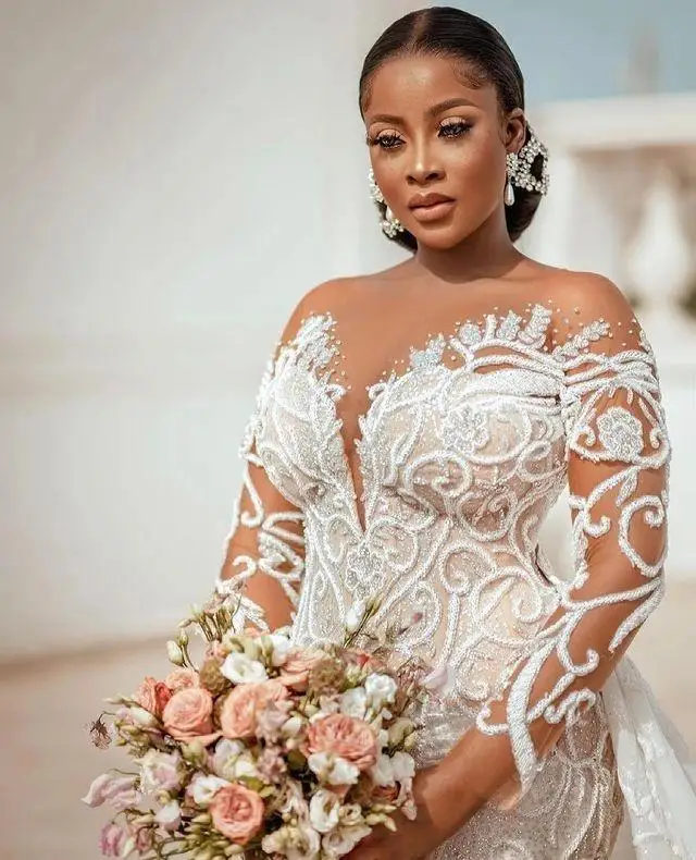 Customized Plus Size Mermaid 2025 Wedding Dresses With Detachable Train Beaded Lace Appliqued African Aso Ebi Bridal Gown Robe D