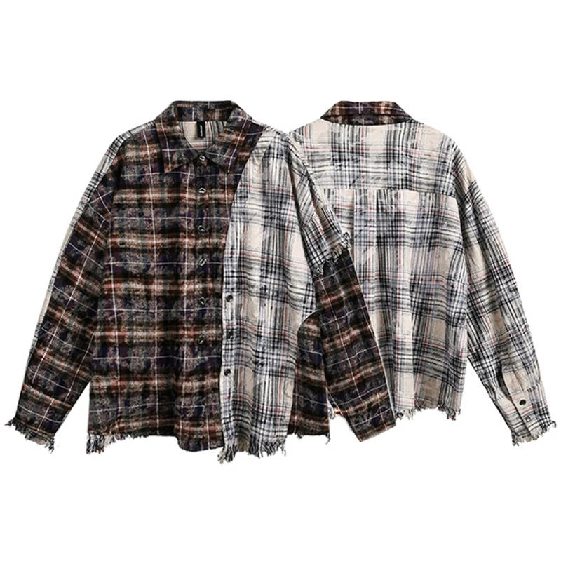 Vintage Distressed Plaid Shirt 2025 Tie Dyed Ripped Color Block Patchwork Long Sleeve Shirts Retro Harajuku Tops Streetwear Y2k