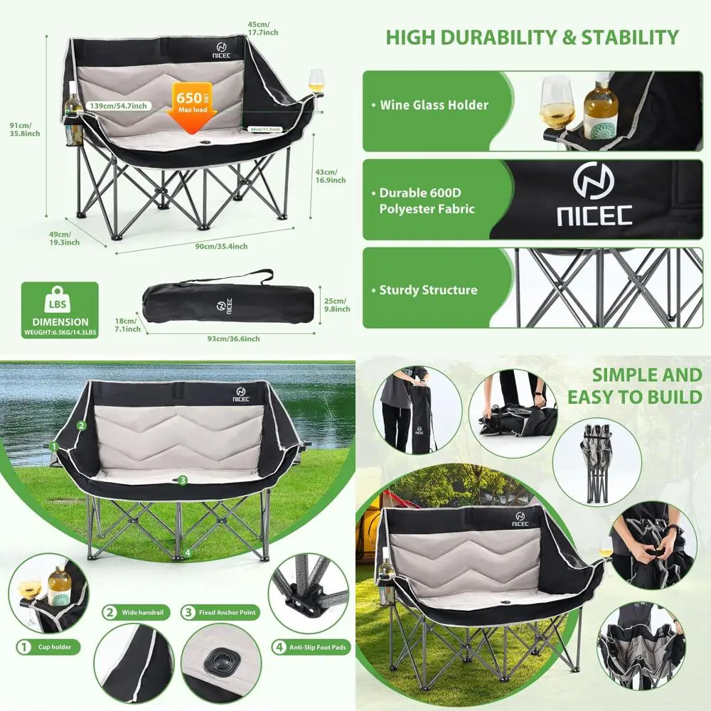 

Double Outdoor Loveseat Chair with Padded Seats, Cooler and Wine Glass Holder - Black & Grey