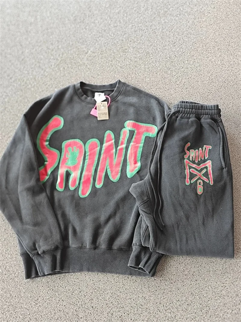 

25ss SAINT MICHAEL Jogger Sweat Pants Pure Cotton Logo Printing Oversized Washed Black Pants Tracksuit Set